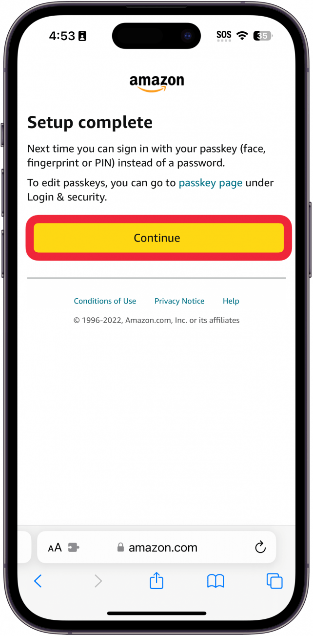 SAFARI Amazon Passkekey Screen Screen disant, "configurer complet" avec une boîte rouge autour du bouton Continuer
