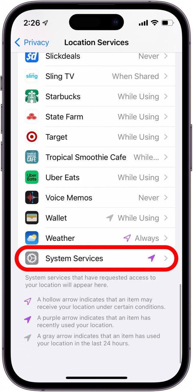 Faites défiler les services du système vers le bas et appuyez sur.