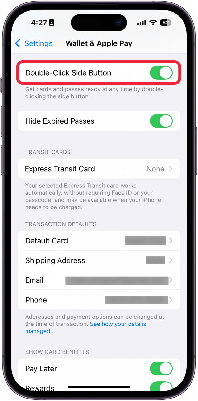 Une capture d'écran des paramètres du portefeuille iPhone avec une boîte rouge autour du bouton latéral double-cliquez
