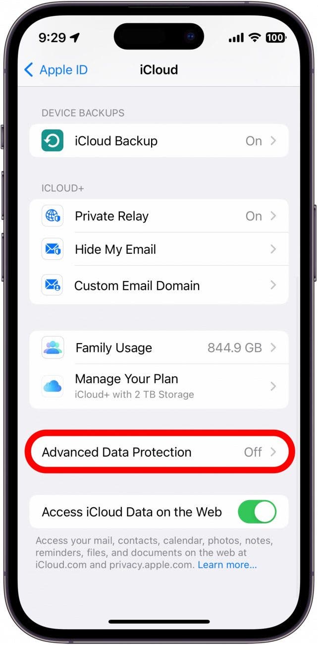 Faites défiler vers le bas et appuyez sur la protection avancée des données.