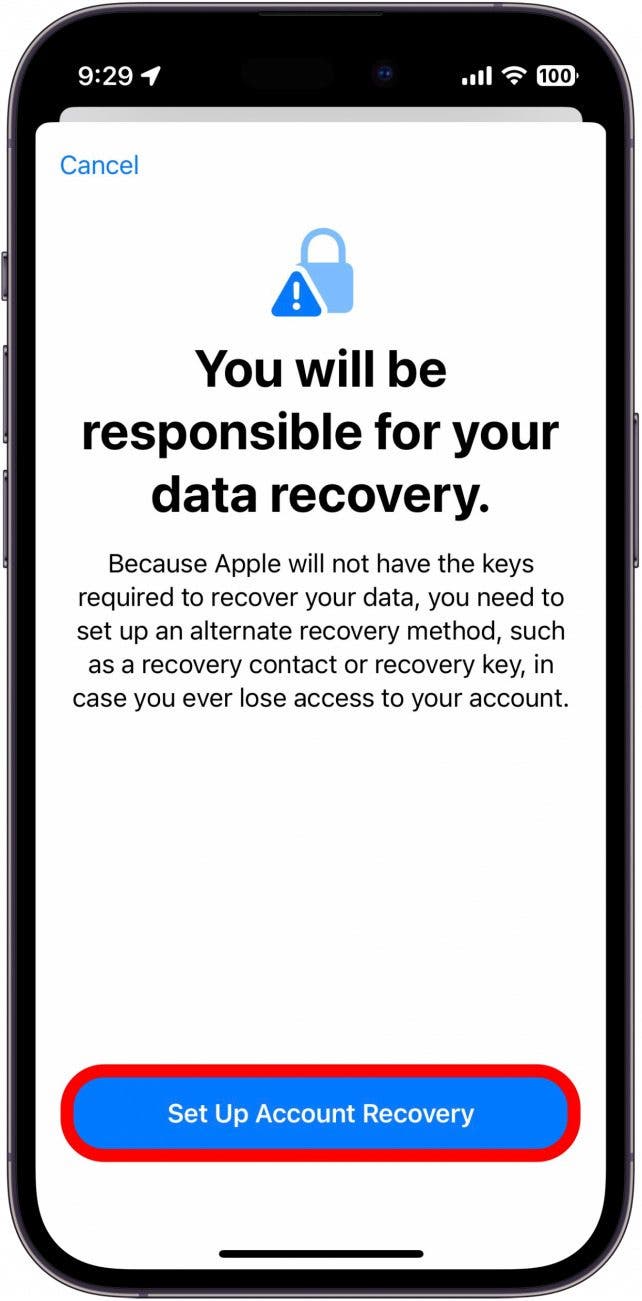 Si vous n'avez pas configuré la récupération du compte, vous serez invité à maintenant. Appuyez sur Configurer la récupération du compte.