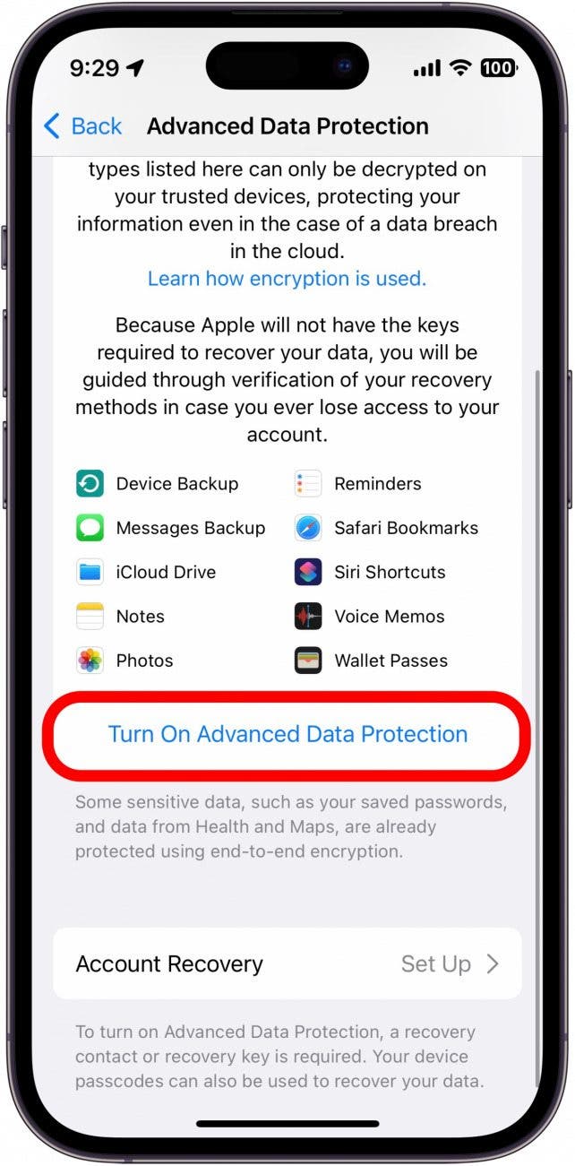 Appuyez sur Activer la protection avancée des données.