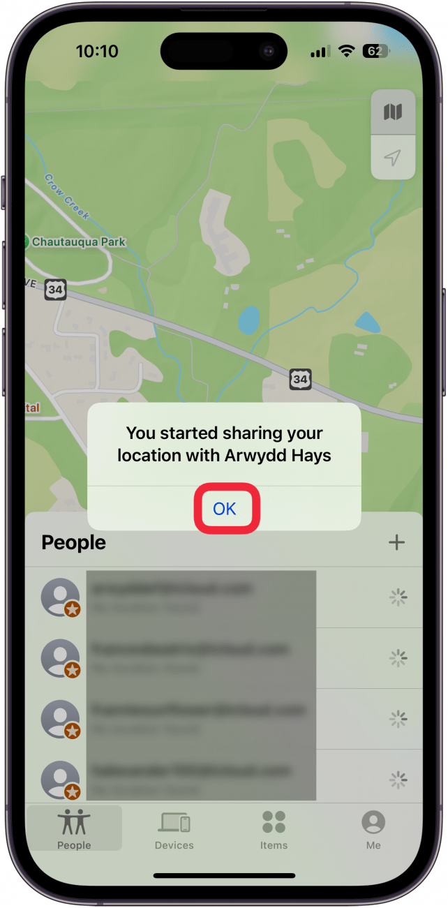 Appuyez sur OK pour confirmer le partage de l'emplacement iPhone Appuyez sur OK pour confirmer le partage de l'emplacement iPhone