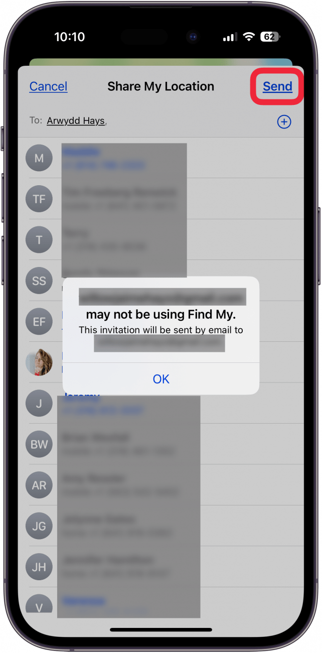 Appuyez sur Send pour partager l'emplacement de l'iPhone Appuyez sur Send pour partager l'emplacement de l'iPhone