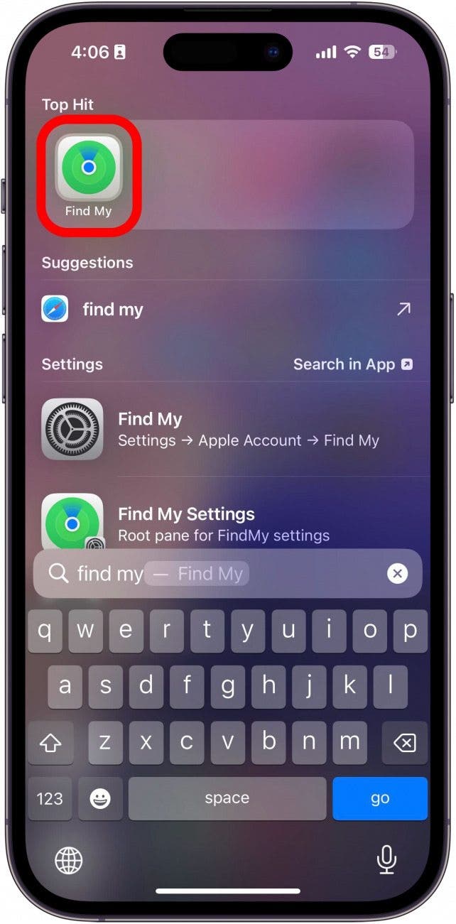 Recherche de projecteurs de l'iPhone avec une boîte rouge autour de trouver mon application