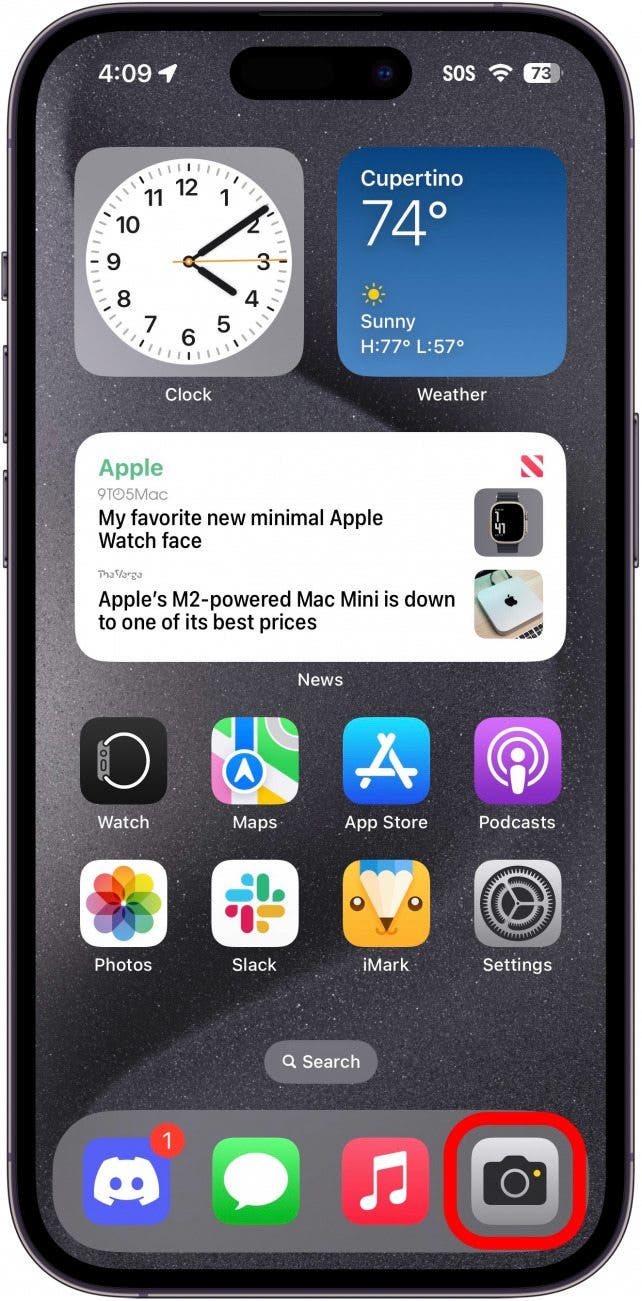 Ouvrez l'application Camera sur votre iPhone Écran d'accueil de l'iPhone avec une boîte rouge autour de l'appareil photo