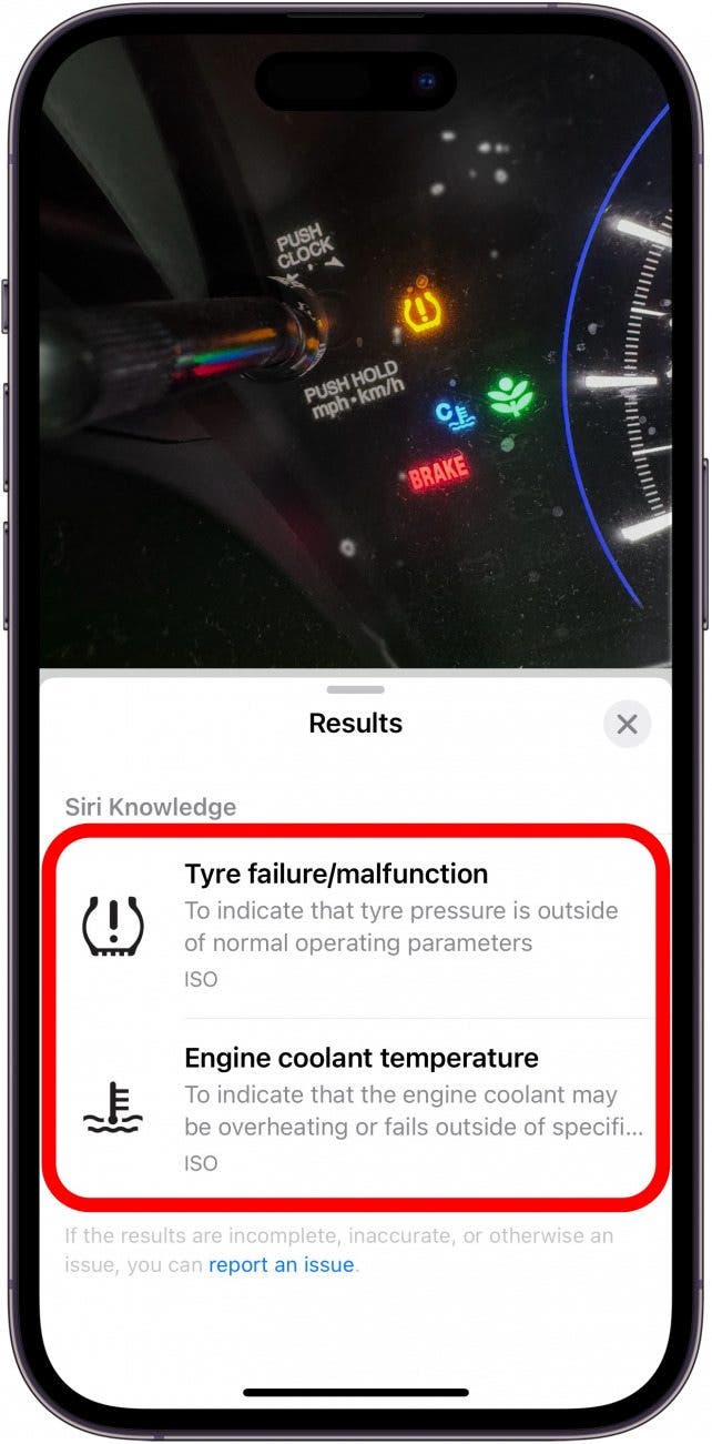 Résultats de la recherche visuelle iPhone affichant un symbole de pression de pneu faible et sa signification, ainsi qu'un symbole de température de liquide de refroidissement du moteur et sa signification