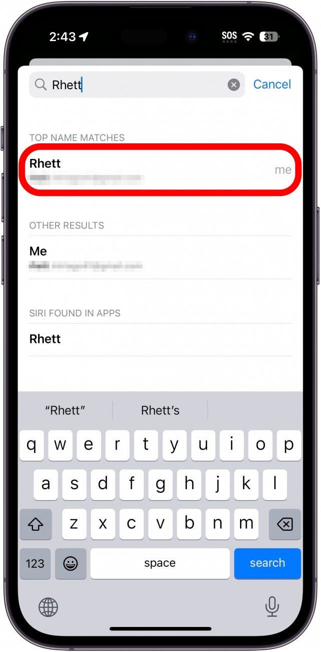 Recherche de contact de safari Autofill avec un contact spécifique encerclé en rouge