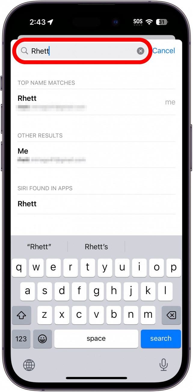 Bar de recherche de contact de safari Autofill en entourage en rouge