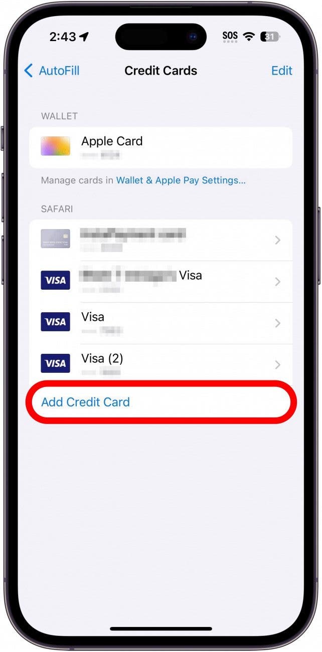 Paramètres de la carte de crédit de l'iPhone Safari Autfil avec Ajouter une nouvelle carte de crédit encerclé en rouge