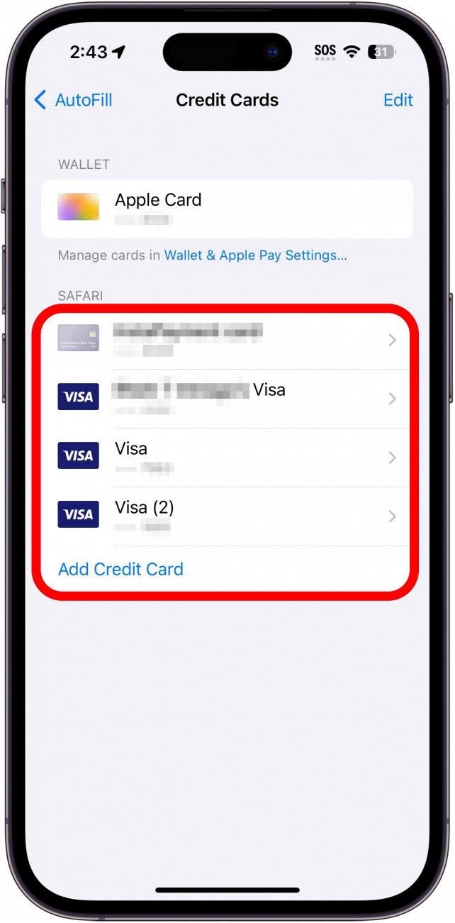 Paramètres de la carte de crédit iPhone Safari Autfilt avec une liste de cartes entourées en rouge