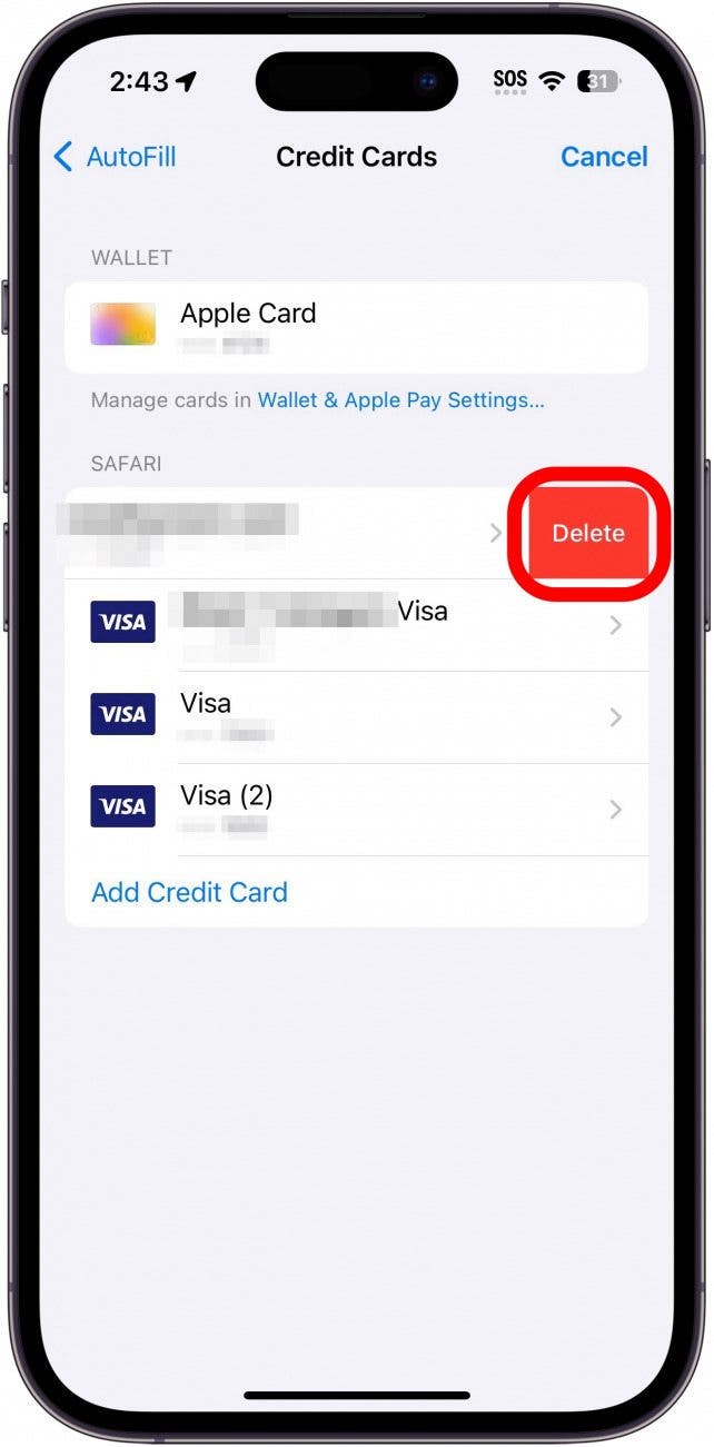 Paramètres de la carte de crédit de l'iPhone Safari Autfil avec bouton de suppression en rouge