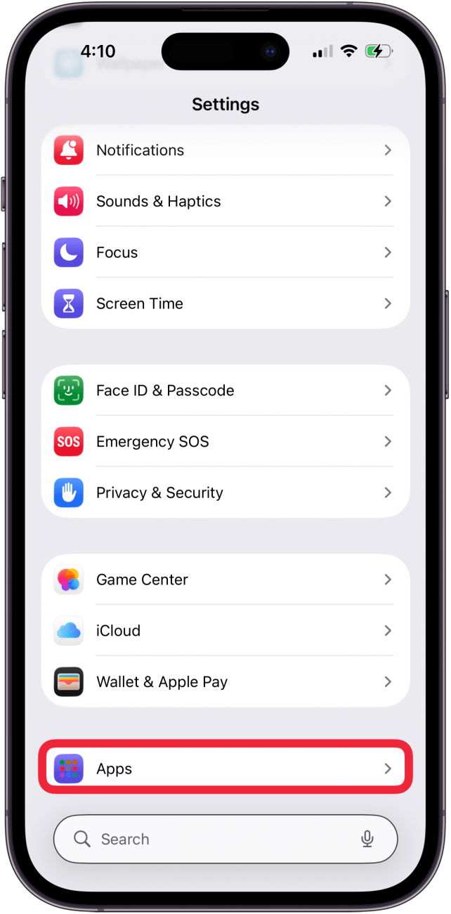 Appuyez sur les applications dans les paramètres de l'iPhone Appuyez sur les applications dans les paramètres de l'iPhone