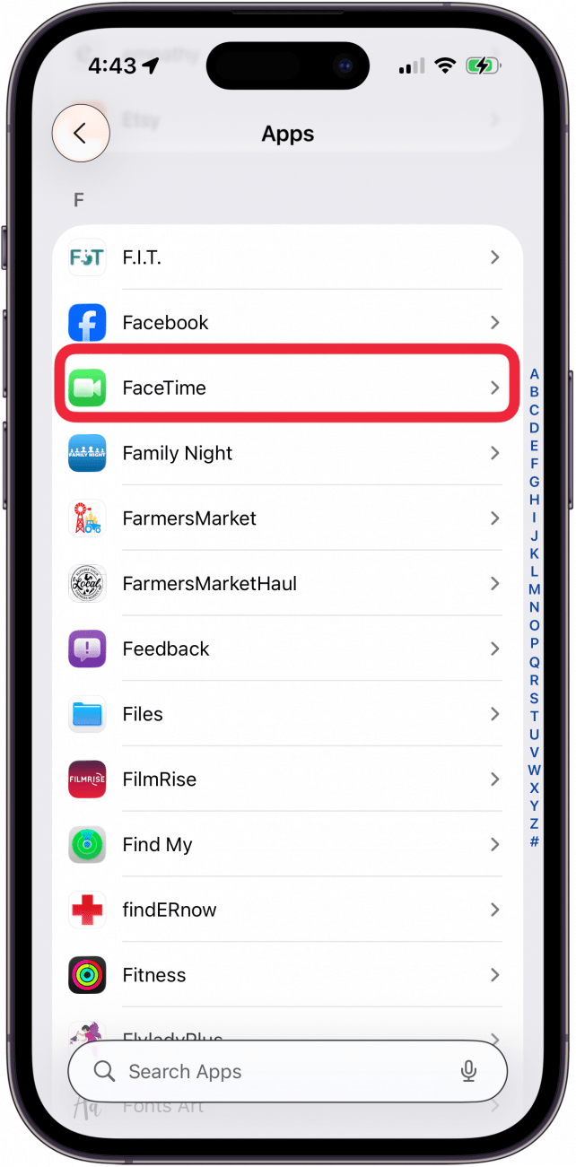 Appuyez sur FaceTime dans les paramètres des applications Appuyez sur FaceTime dans les paramètres des applications