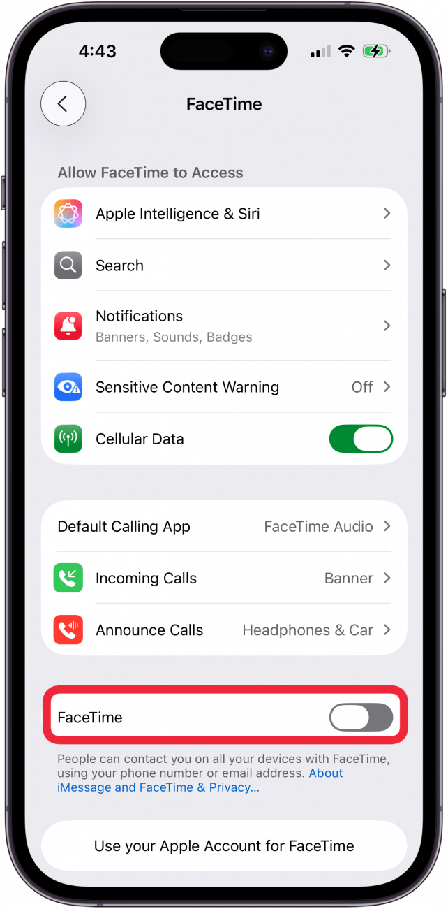 Basculez sur FaceTime dans les paramètres d'applications FaceTime Basculez sur FaceTime dans les paramètres d'applications FaceTime