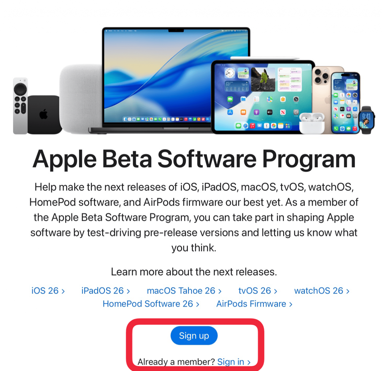Accédez à la page du logiciel Apple Beta et appuyez sur Inscrivez-vous ou connectez-vous Accédez à la page du logiciel Apple Beta et appuyez sur Inscrivez-vous ou connectez-vous