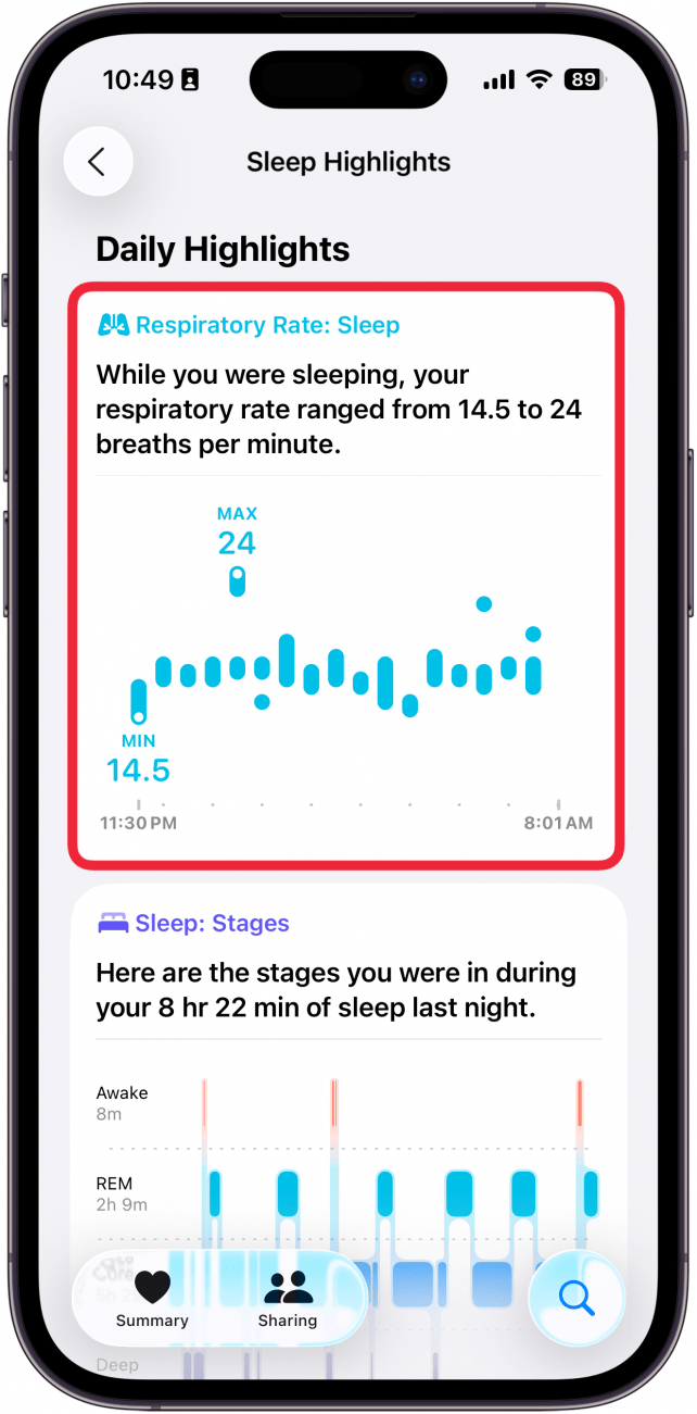 Une capture d'écran des données de sommeil dans l'application de santé avec une boîte rouge autour de la fréquence respiratoire