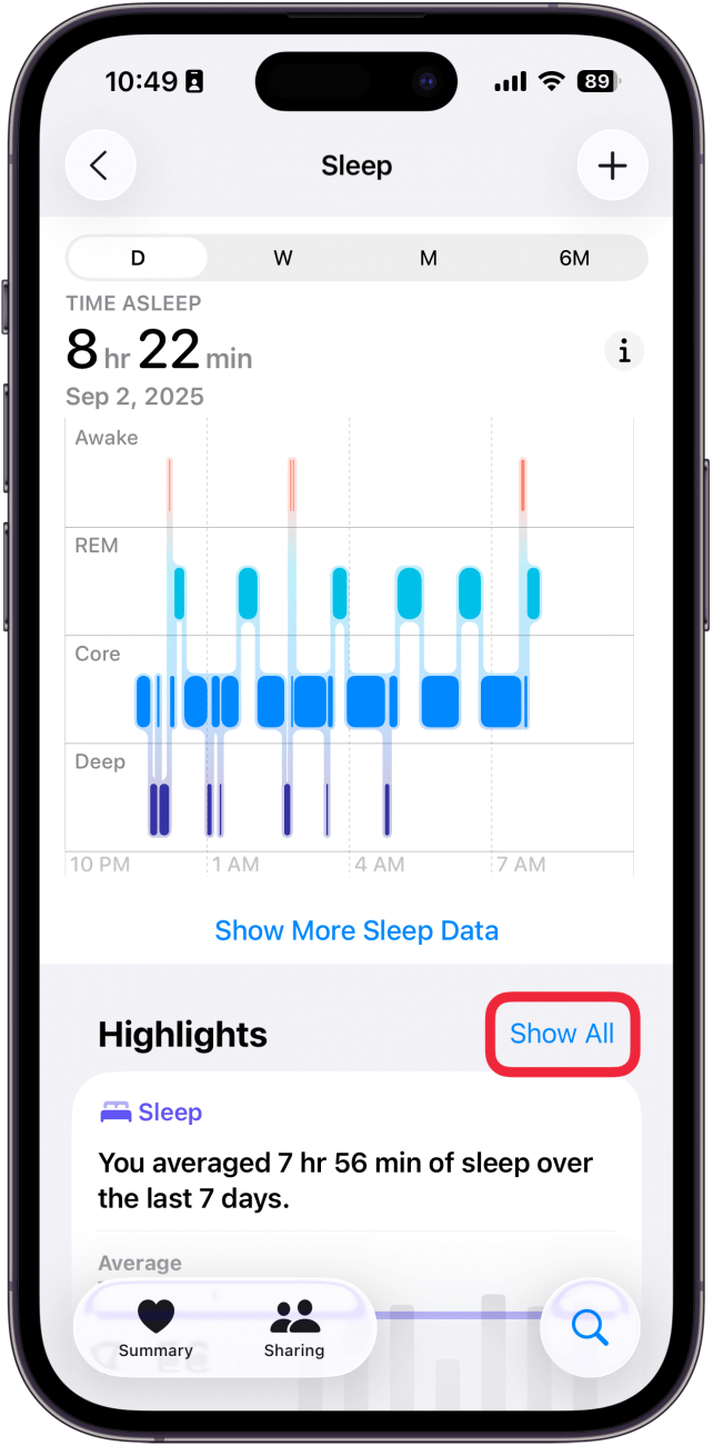 Une capture d'écran de données de sommeil dans l'application Health sur iPhone avec une boîte rouge autour du bouton Afficher tout
