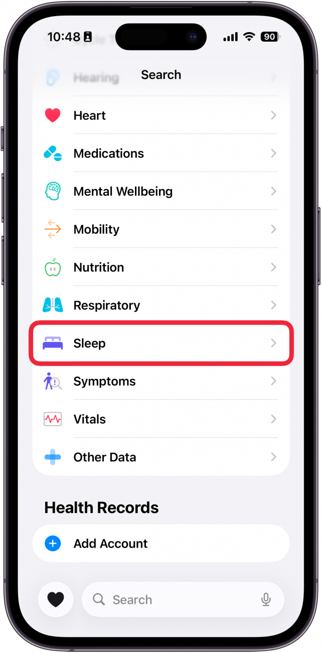 Une capture d'écran de l'application de santé sur l'iPhone avec une boîte rouge autour de la catégorie de sommeil