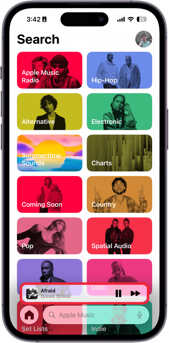 Une capture d'écran de l'application de musique iPhone avec une boîte rouge autour du mini-lecteur