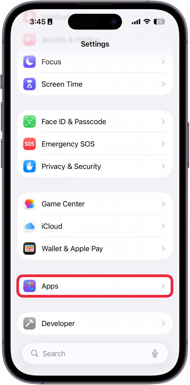 Une capture d'écran de l'application Paramètres avec une boîte rouge autour des applications