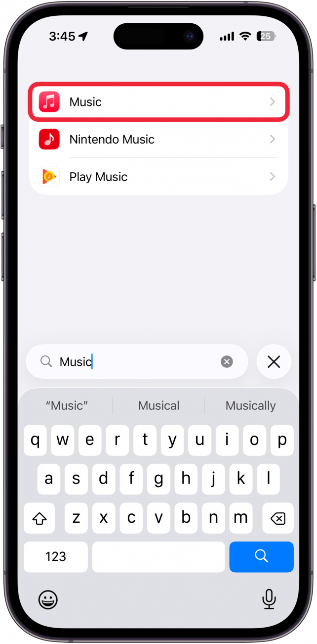 Une capture d'écran de la liste des applications de paramètres iPhone avec une boîte rouge autour de l'application musicale