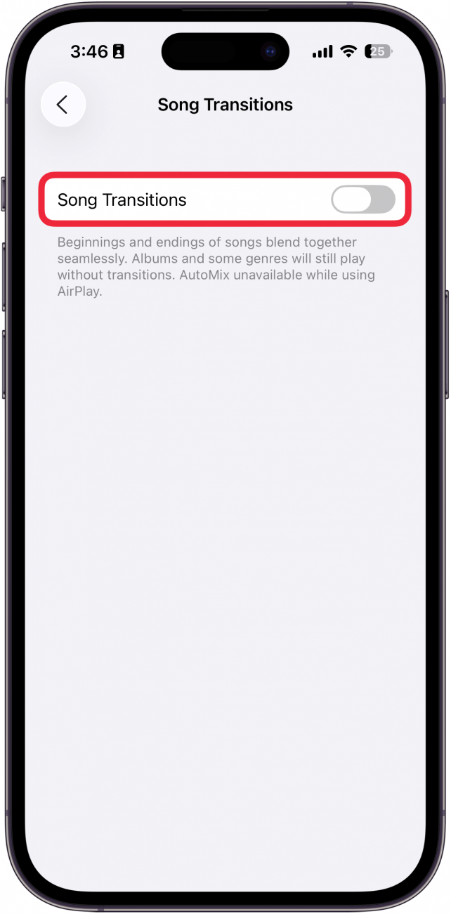 Une capture d'écran des transitions de chansons de l'application de musique iPhone avec une boîte rouge autour des transitions de la chanson bascule