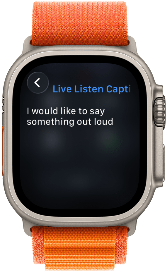 Une capture d'écran du menu des légendes en direct sur Apple Watch montrant les légendes générées automatiquement