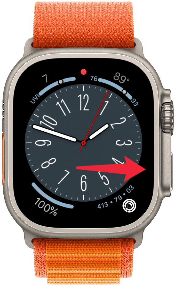 Une capture d'écran d'une montre Apple avec une flèche rouge pointant vers le bouton latéral