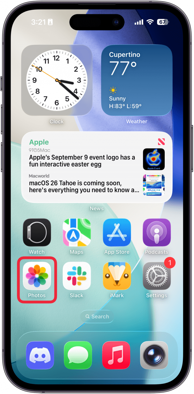 Une capture d'écran de l'écran d'accueil de l'iPhone avec une boîte rouge autour de l'application Photos