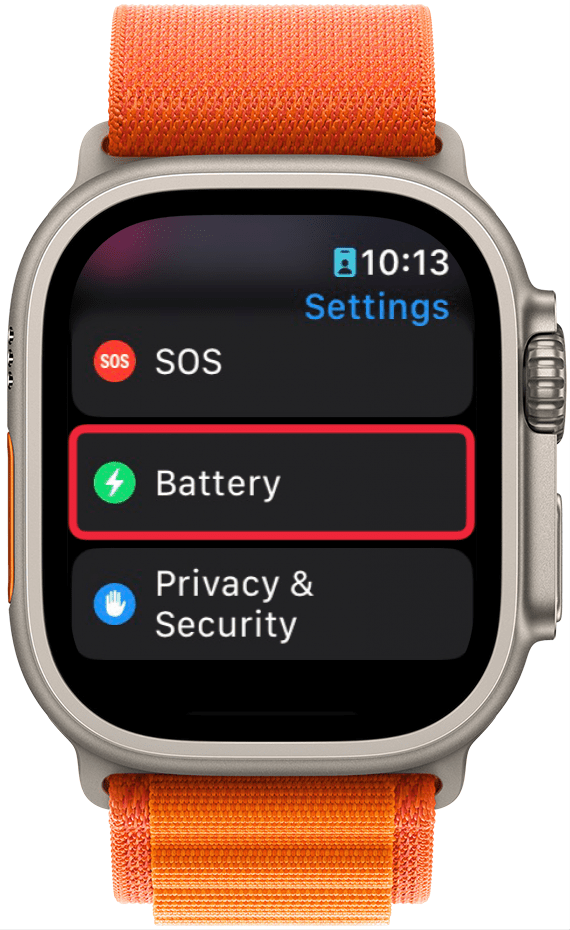 Apple Watch Paramètres Application avec une boîte rouge autour de la batterie