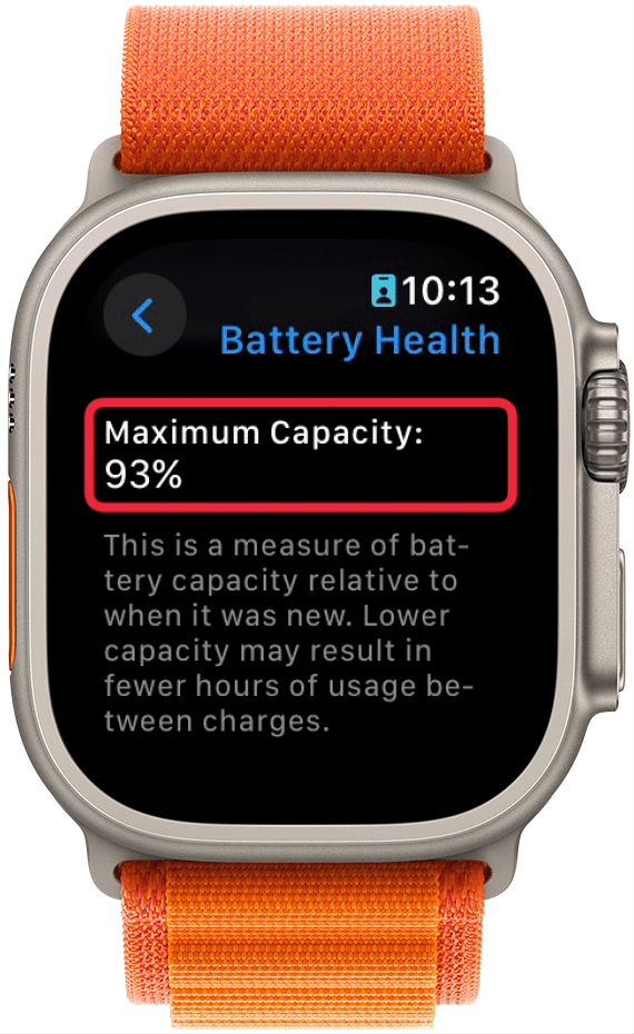 Écran de santé de la batterie d'Apple Watch affichant une capacité maximale de 93%