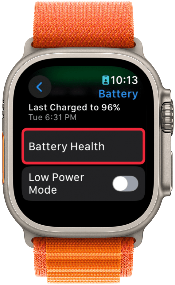 Paramètres de batterie de montre Apple Watch avec une boîte rouge autour de la santé de la batterie