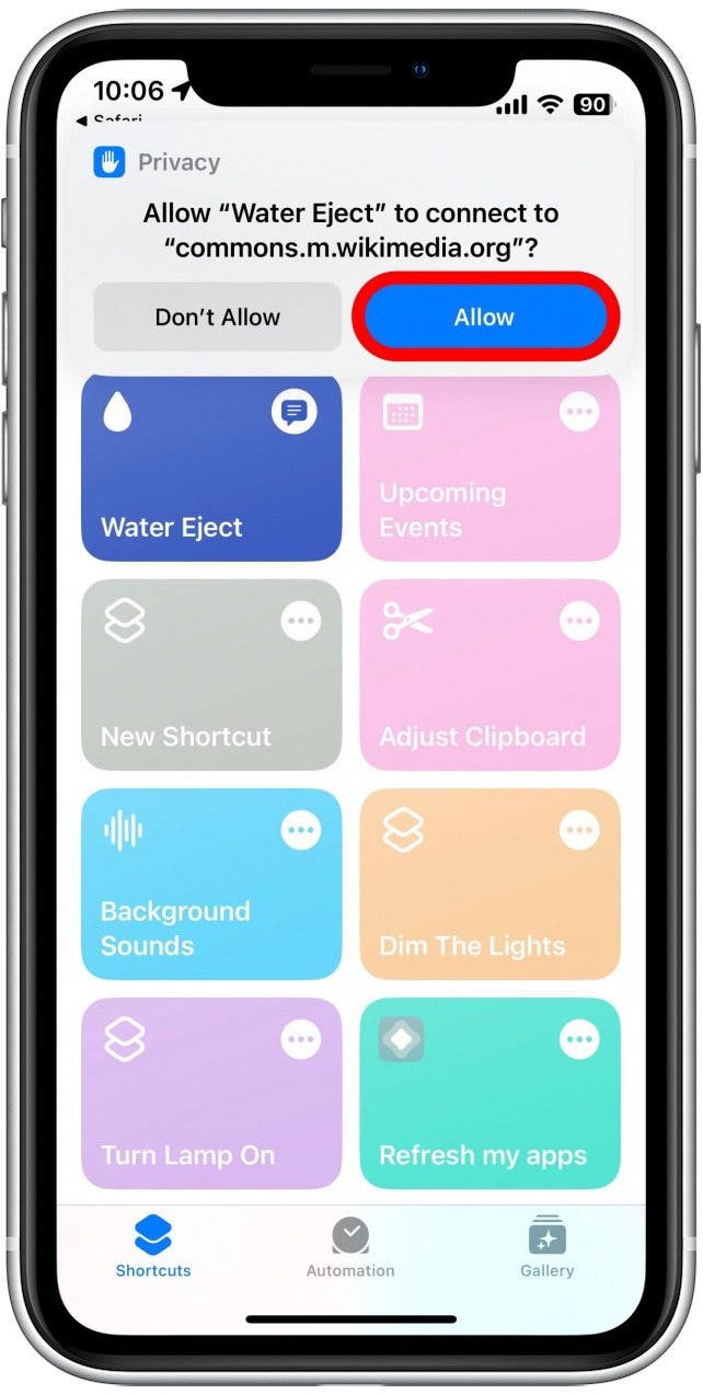 Lorsque vous exécutez le raccourci pour la première fois, il vous demandera quelques autorisations. Appuyez sur Autoriser.