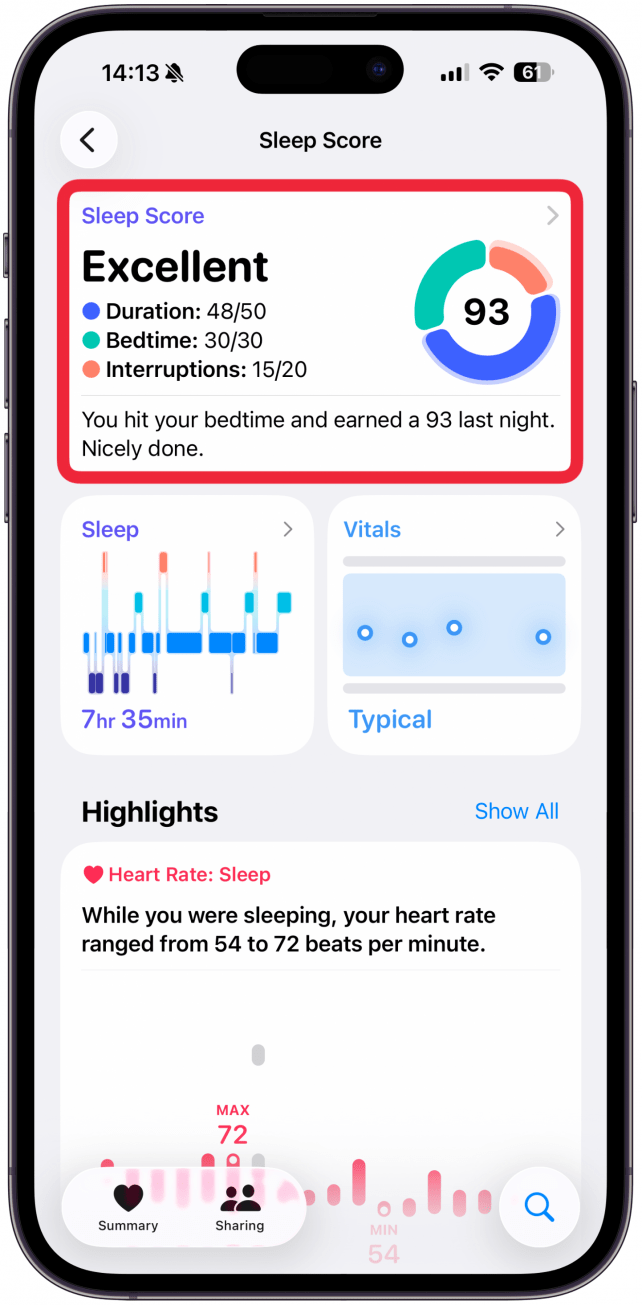 Appuyez à nouveau sur Sleep Score pour voir encore plus de données.