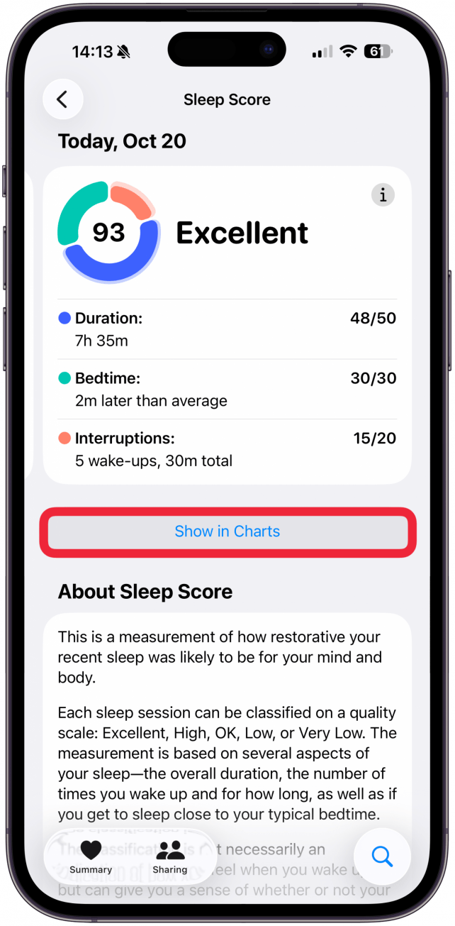 Appuyez sur Afficher dans les graphiques pour voir votre score de sommeil au fil du temps.