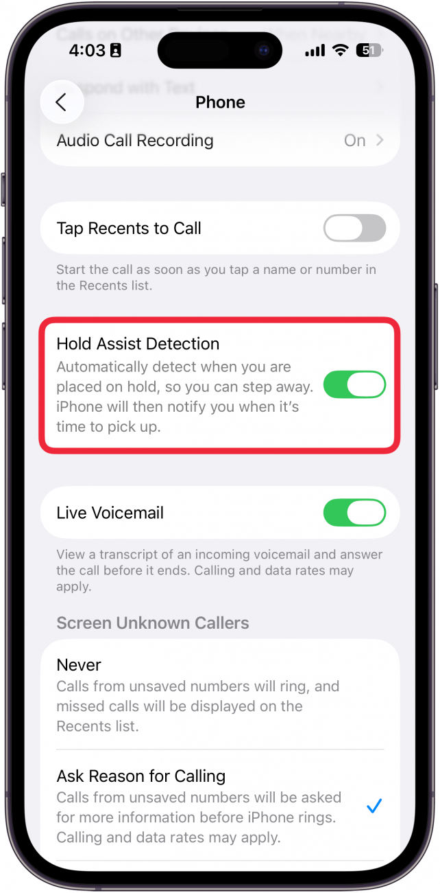 une capture d'écran des paramètres de l'application du téléphone avec un cadre rouge autour de la bascule de détection de l'assistance au maintien