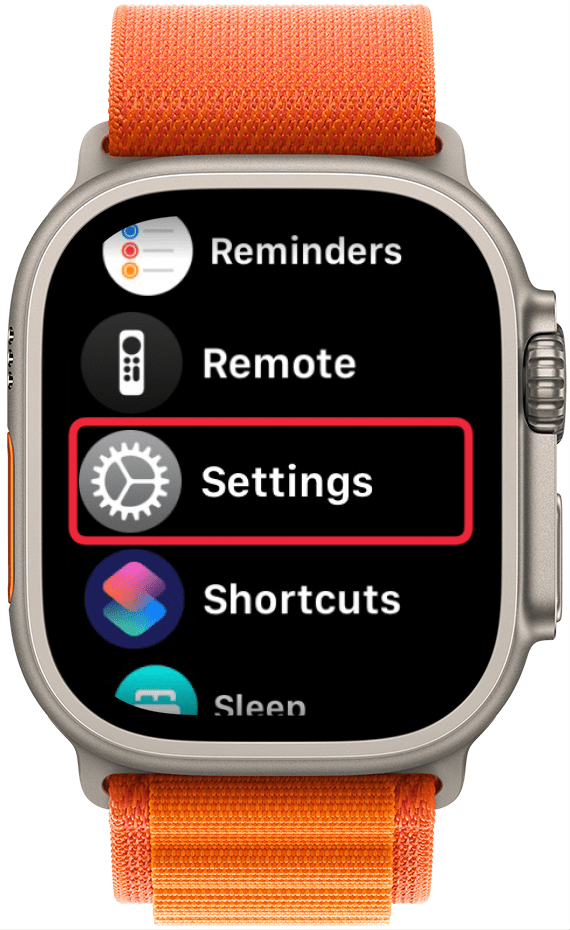 Liste des applications Apple Watch avec une boîte rouge autour de l'application Paramètres