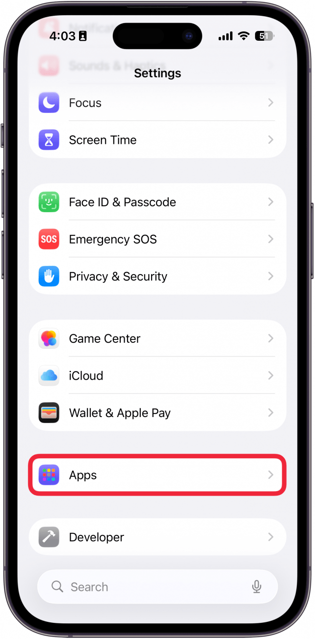 une capture d'écran de l'application des paramètres avec un cadre rouge autour des applications