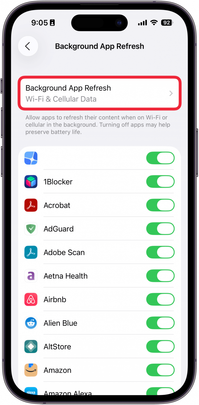 une capture d'écran des paramètres d'actualisation de l'application en arrière-plan avec un cadre rouge autour de l'actualisation de l'application en arrière-plan
