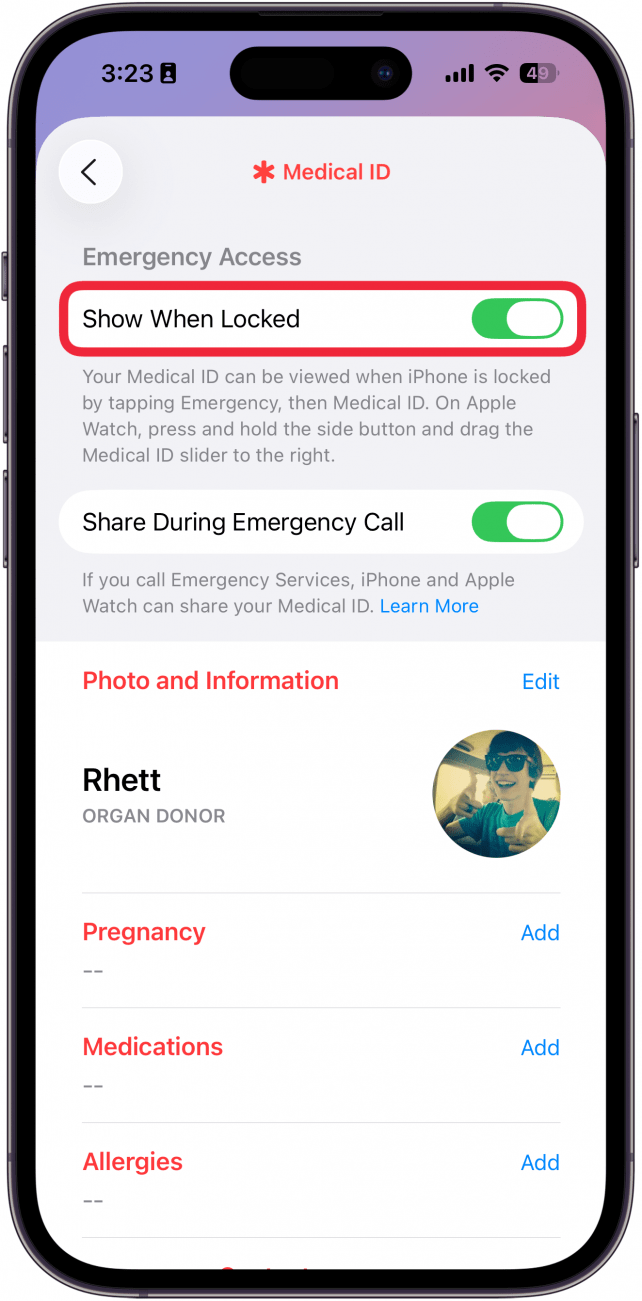 une capture d'écran des paramètres d'identification médicale dans l'application Santé avec un cadre rouge autour de l'écran lorsque le bouton est verrouillé