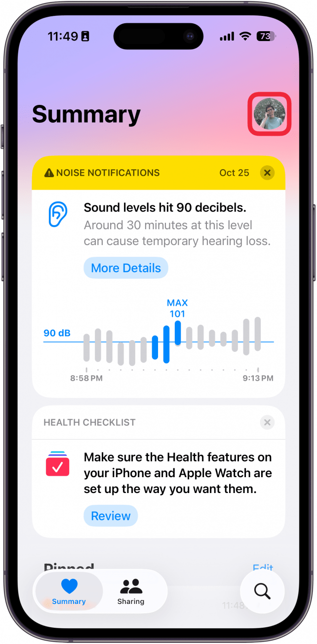 une capture d'écran de l'application Santé sur iPhone avec un cadre rouge autour de l'icône de profil