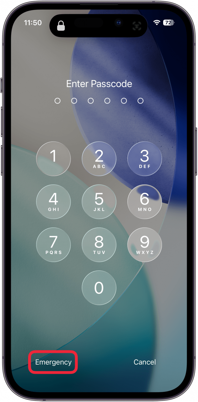 une capture d'écran de l'écran de verrouillage de l'iPhone avec un cadre rouge autour du bouton d'urgence