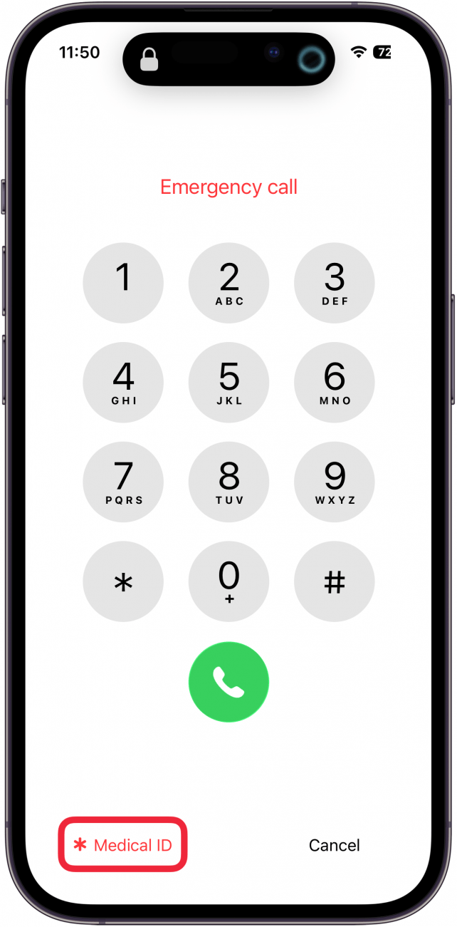 une capture d'écran de l'écran d'appel d'urgence sur iPhone avec un cadre rouge autour du bouton d'identification médicale
