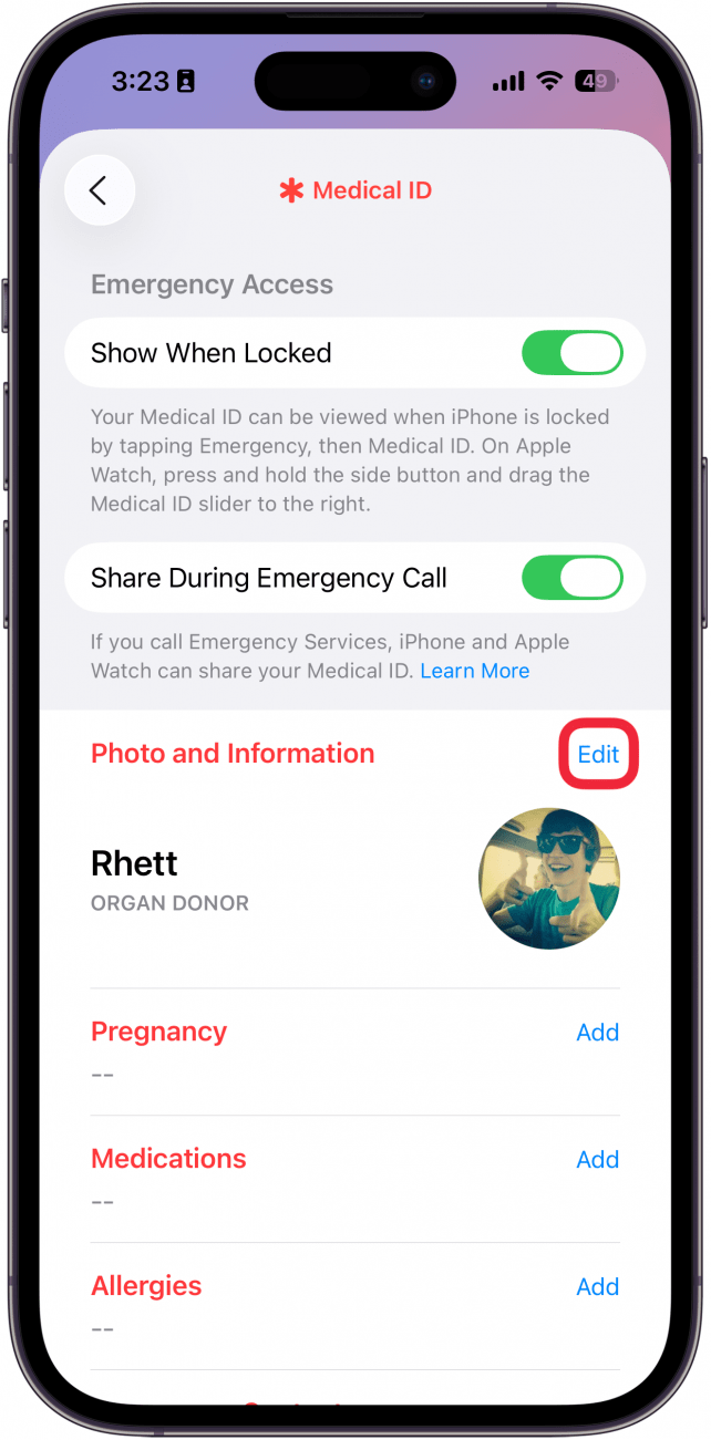 une capture d'écran des paramètres d'identification médicale dans l'application Santé avec un cadre rouge autour du bouton Modifier