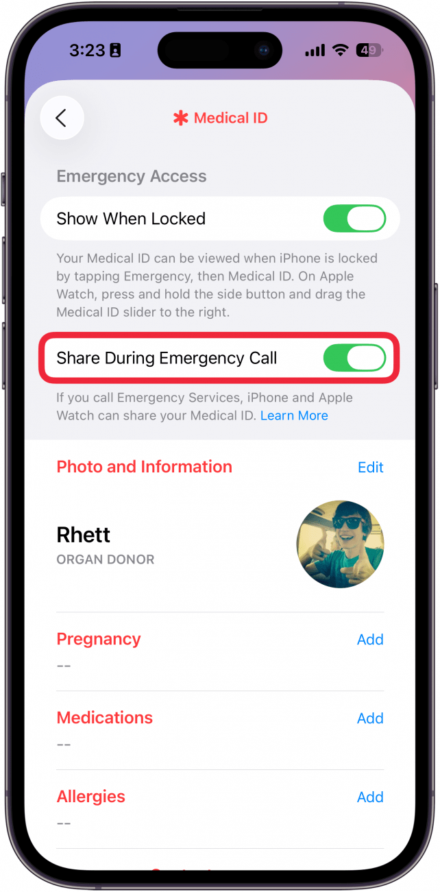 une capture d'écran des paramètres d'identification médicale dans l'application Santé avec un cadre rouge autour du partage lors d'un appel d'urgence
