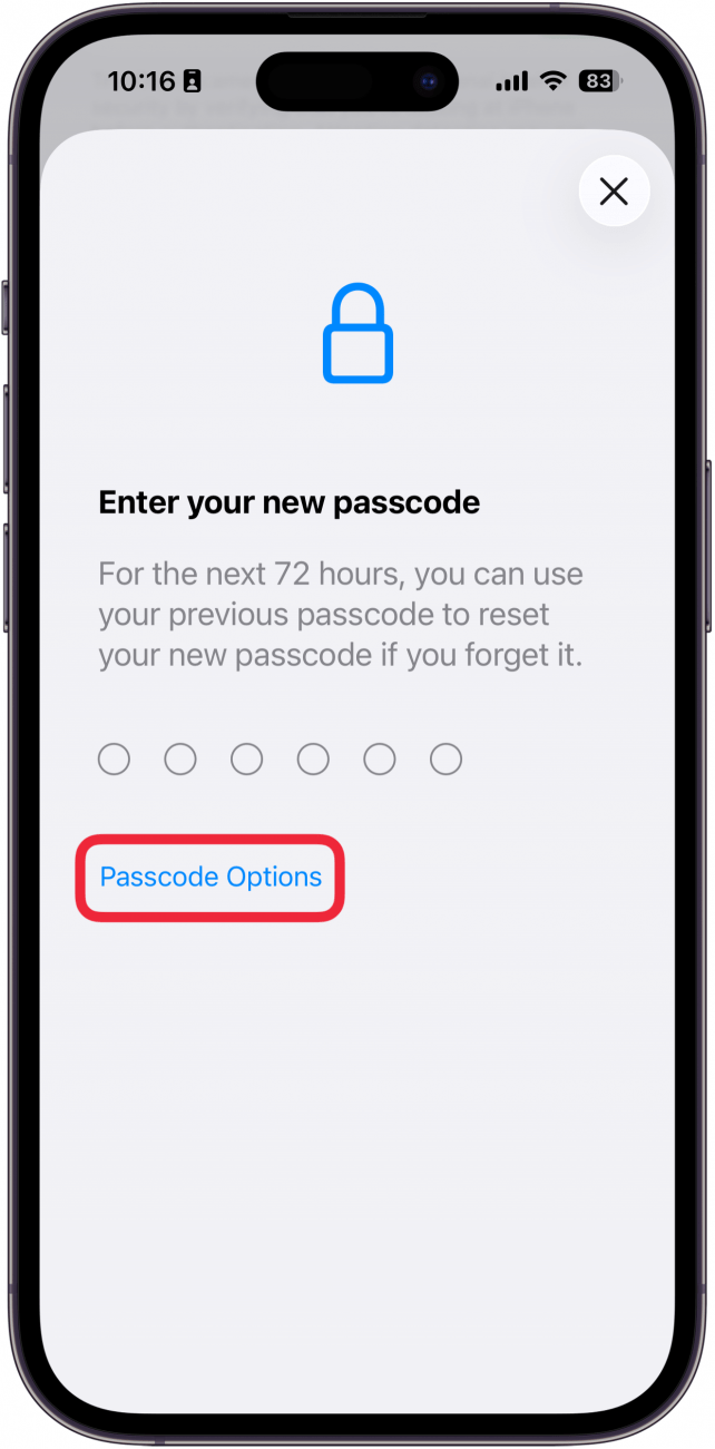 une capture d'écran du processus de changement de code sur iPhone avec un cadre rouge autour des options de code