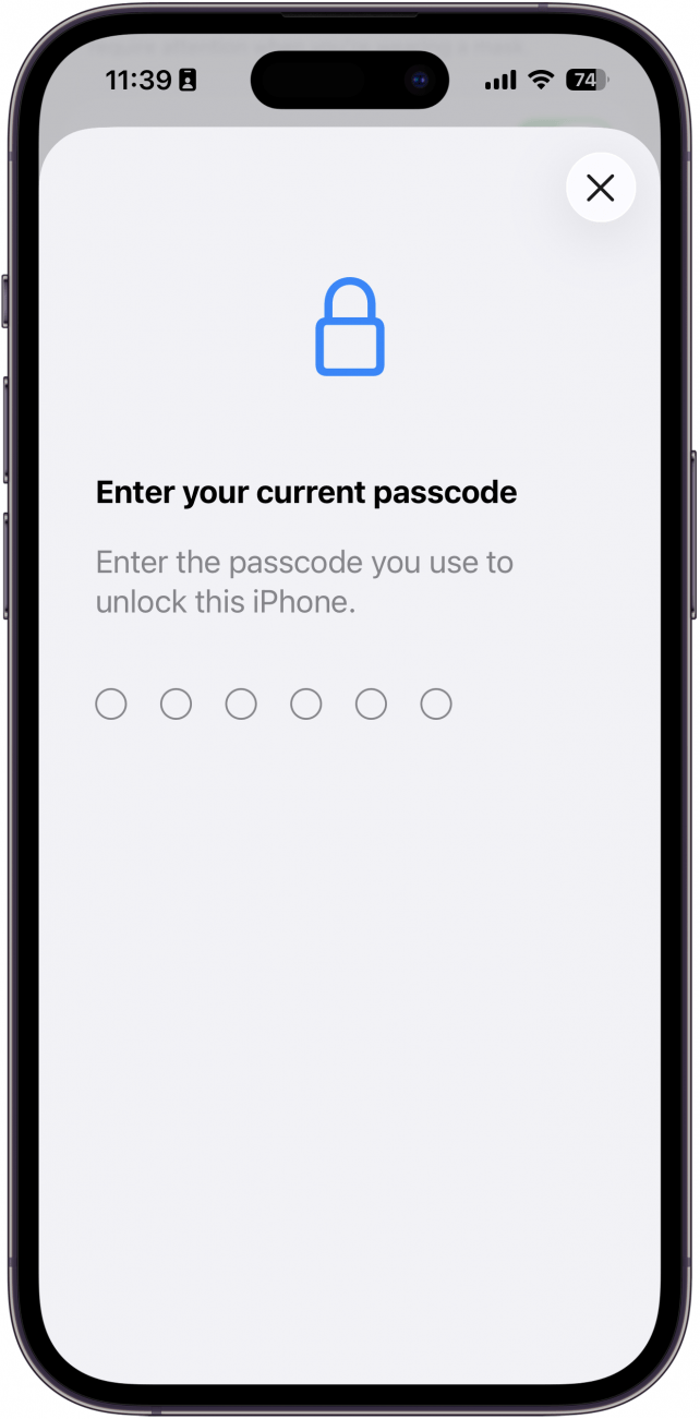 une capture d'écran du processus de changement de code sur iPhone, invitant l'utilisateur à saisir son code d'accès actuel
