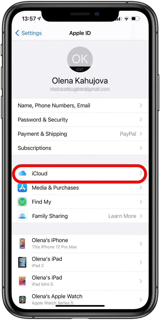 Appuyez sur iCloud pour ouvrir les paramètres et sauvegarder l'iPhone