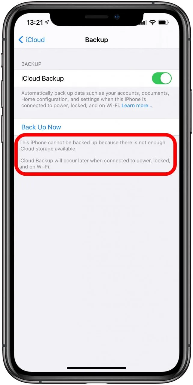Si vous ne disposez pas de suffisamment de stockage iCloud, vous recevrez un message.